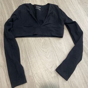 Garage Black Ribbed V-Neck Long Sleeve Crop Top